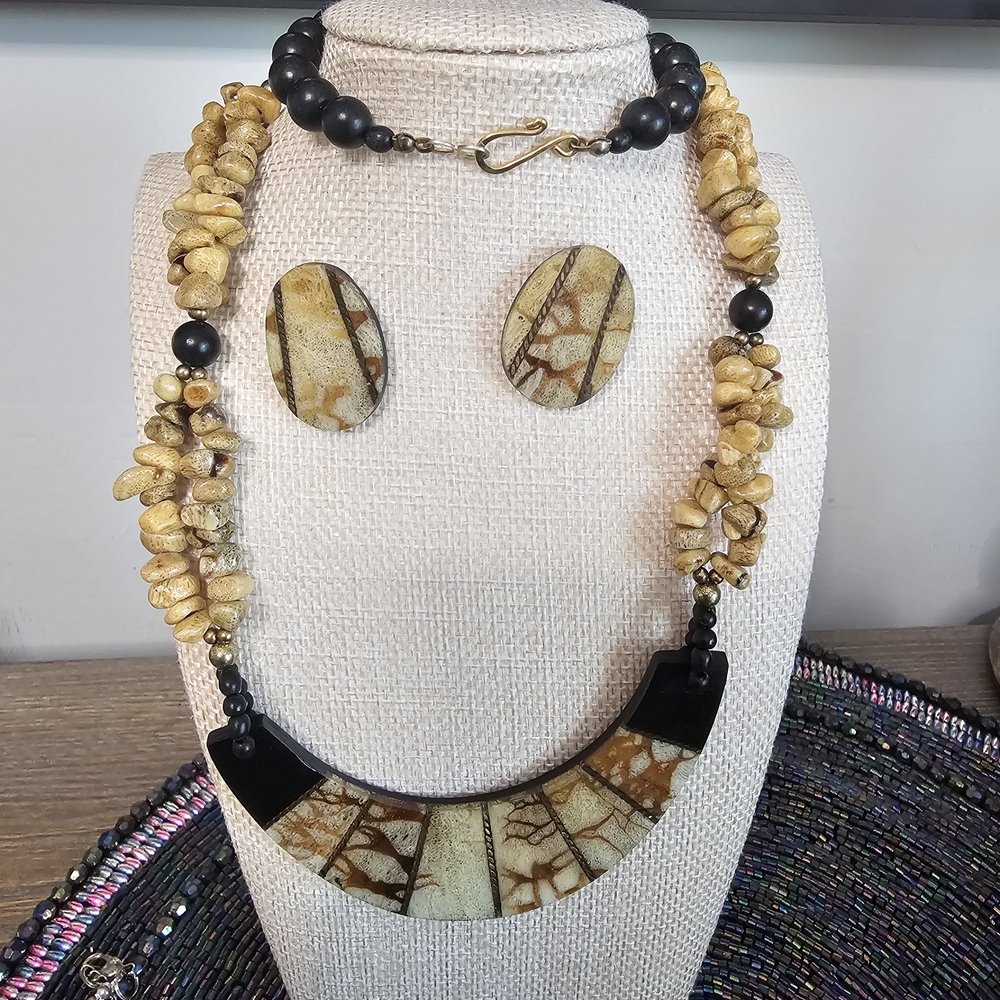 Handcrafted Yellow Jasper and Black Statement‎ Necklace & Earring Set